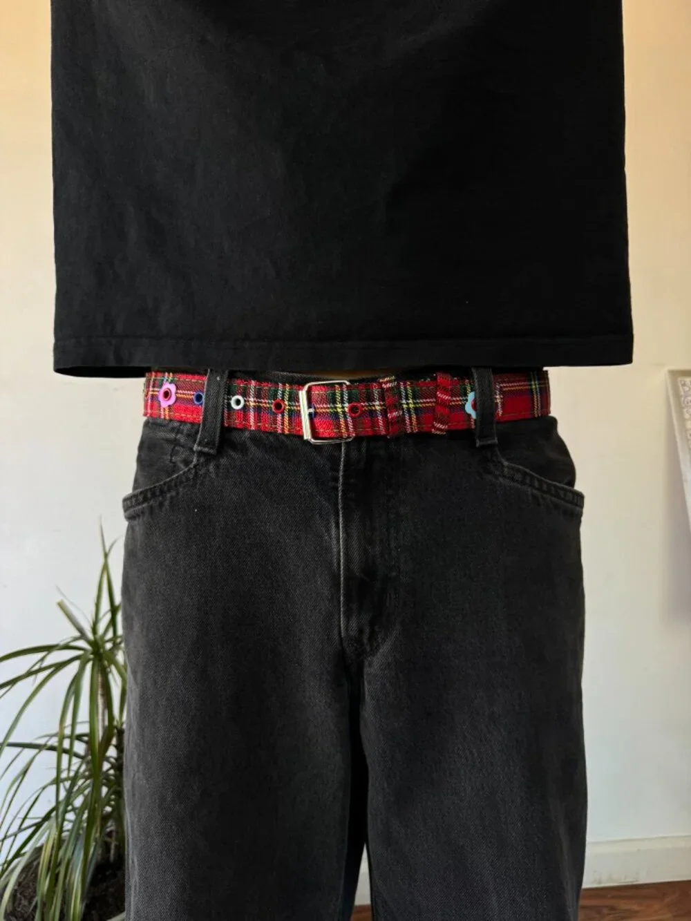 Red Plaid Floral Embroidered Eyelet Belt